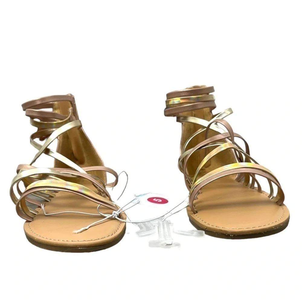 Cat & Jack Girls Metallic Rose Gold Dion Zipper Ankle Strap Sandals - Size 5